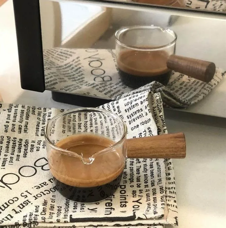 50/100/150ml High Borosilicate Clear Glass Milk Measuring Cups Espresso Coffee Milk DIP Cups with Wood Handle