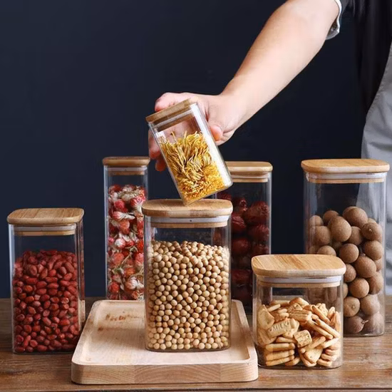 Frasco de armazenamento de vidro com alto teor de borosilicato por atacado com tampa de bambu Frascos de armazenamento de vidro com tampa de madeira Recipientes de armazenamento de alimentos
