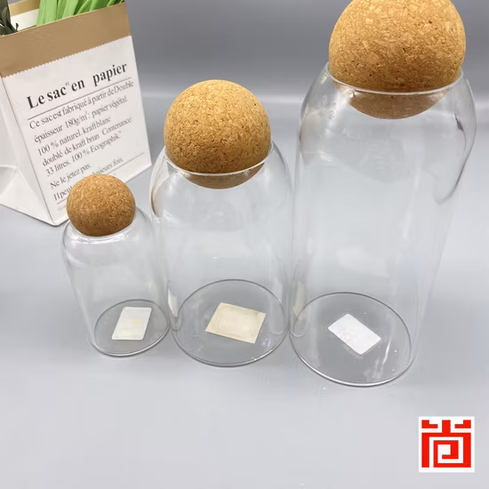 Conjunto de 3 garrafas de vidro de borosilicato/frasco de armazenamento de vidro/copos com tampa de bola de cortiça para cozinha