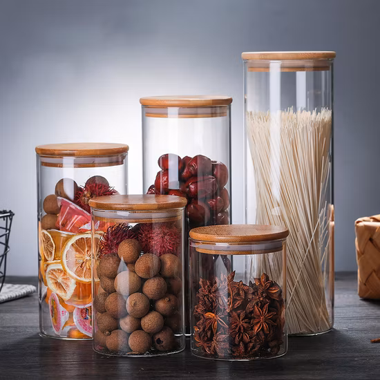Frascos de armazenamento de vidro com tampas de bambu, vidro transparente com alto teor de borosilicato, recipientes herméticos para cereais e alimentos para cozinha